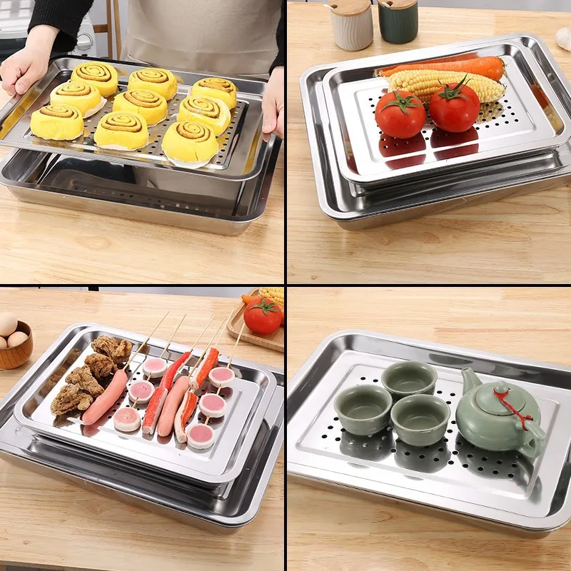 Stainless Steel Food Storage Tray Shallow Drain Trays Vegetable Fruit Dumpling Storage Plate Oil Filter Pan Kitchen Accessories