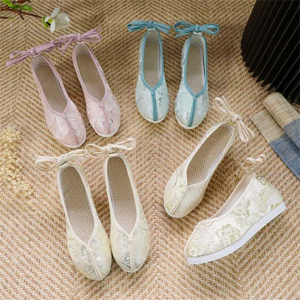 Ladies Spring Vintage Hanfu Cloth Shoes Women Ming-made Ancient Costume Round Toe Lace-up Ethnic Style Hidden-heels Flats Gifts