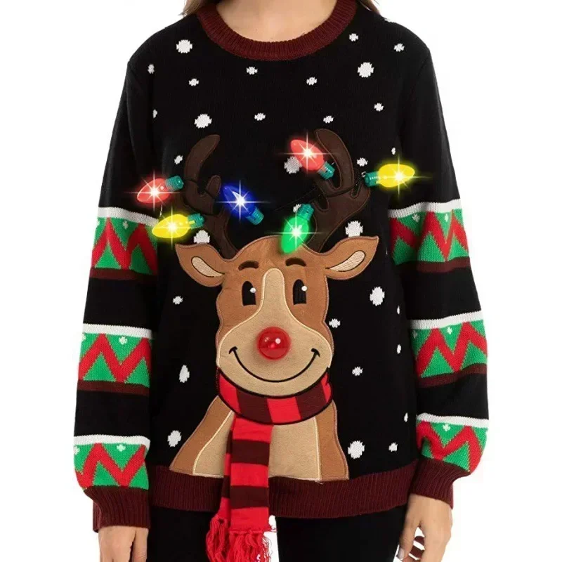 2024 Christmas Elk Knitted Sweater, Novel Christmas Atmosphere Sweater with LED Lights