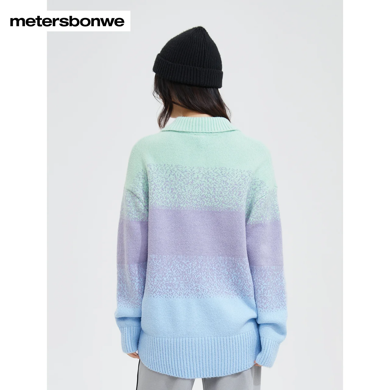 Metersbonwe-Women\'s Long-Sleeved Sweater Jumper Gradient Color Polo Collar Loose Soft Pullover Sweet Youth Girl Autumn