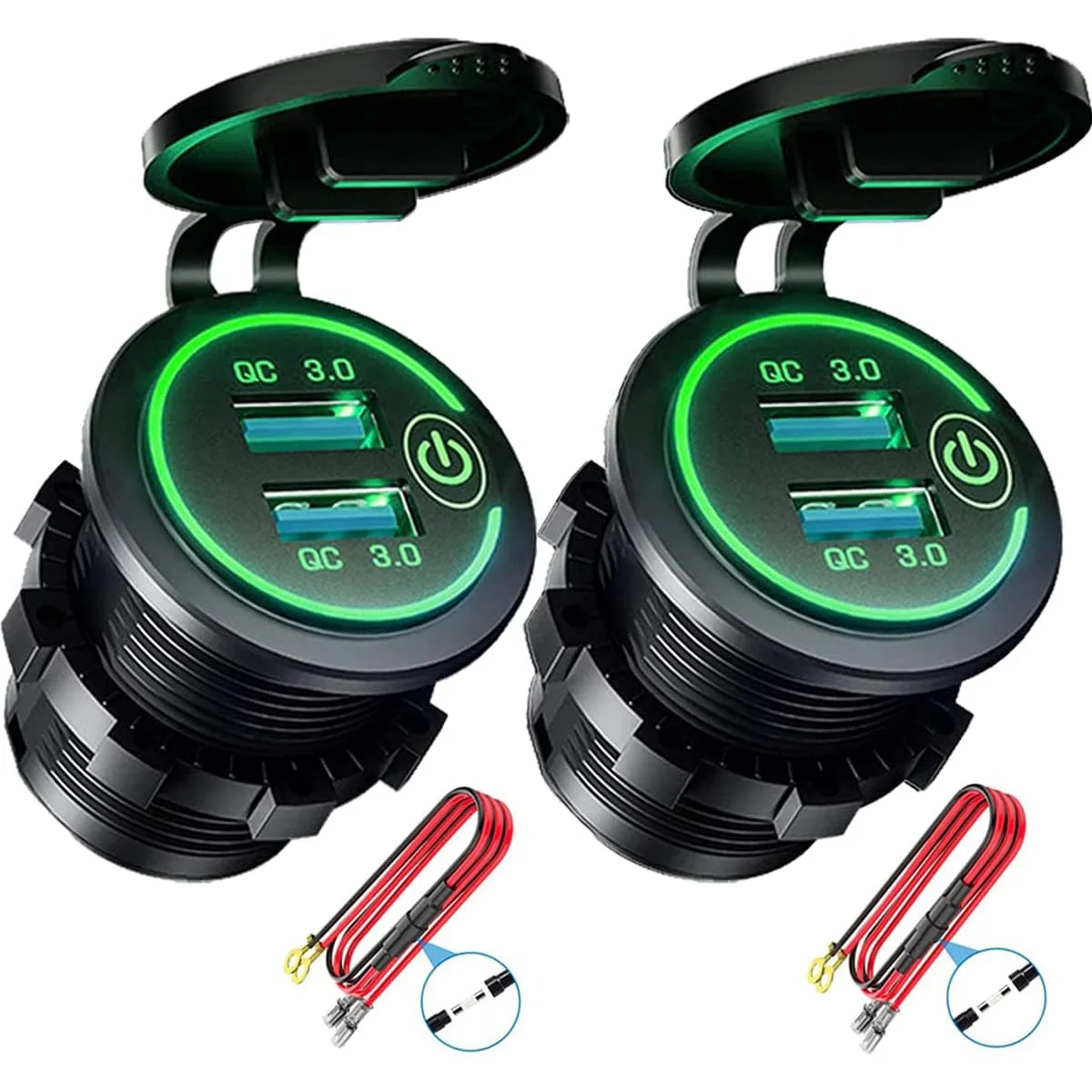 QC 3.0 Dual USB Charger Socket,Waterproof 12V/24V USB Outlet with Press Switch for Car, Marine,RV,Motorcycle,Green 2Pack