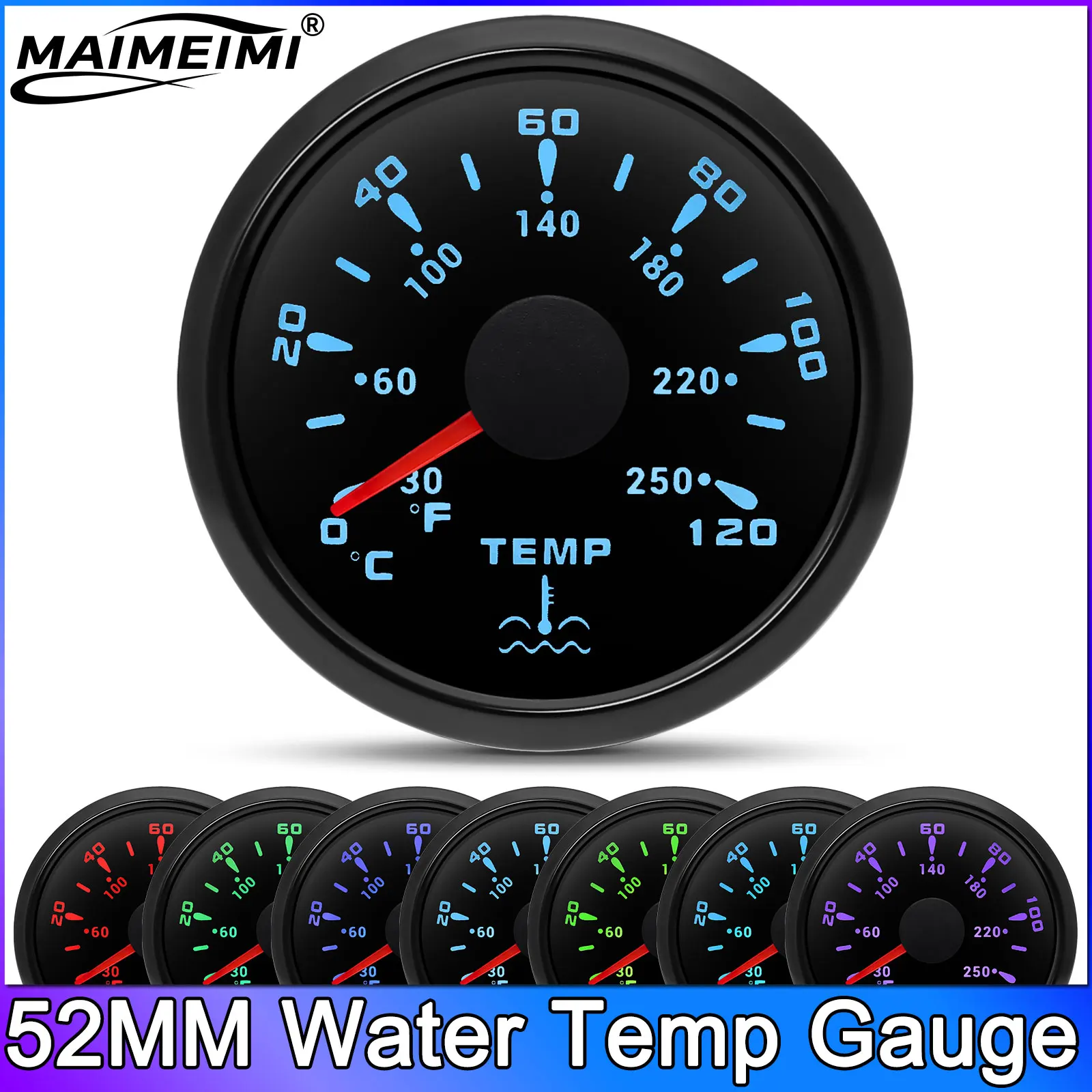

7 Colors Backlight 52MM Water Temperature Gauge 12V Water Temp Gauge Car Boat Motorcycle Meter 0-120 Celsius 30-250 Fahrenheit