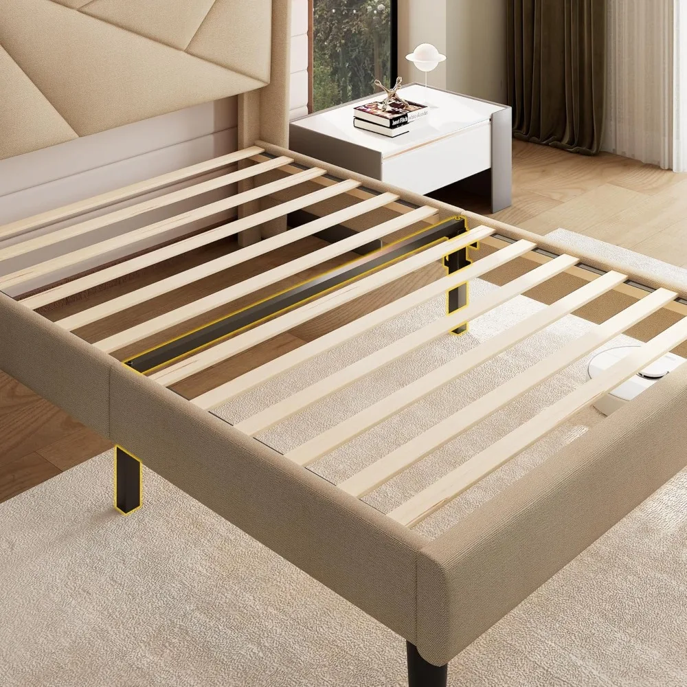 إطار سرير مزدوج الحجم مع محطة شحن، إطار سرير بمنصة كتان مع إطار سرير منجد على اللوح الأمامي بجناح خلفي