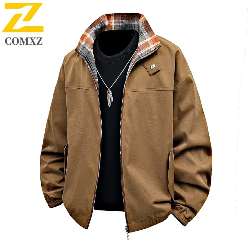 

COMXZ 2025 американское винтажное двустороннее клетчатое пальто для мужчин и женщин, весенне-осенняя свободная модная повседневная куртка с воротником-стойкой