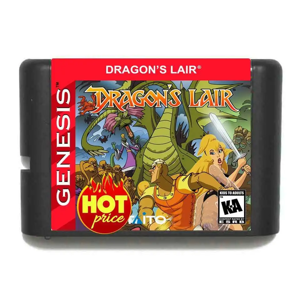 عربة استنساخ بطاقة ألعاب Dragons Lair 16 بت MD لمحرك Sega Genesis Mega Drive