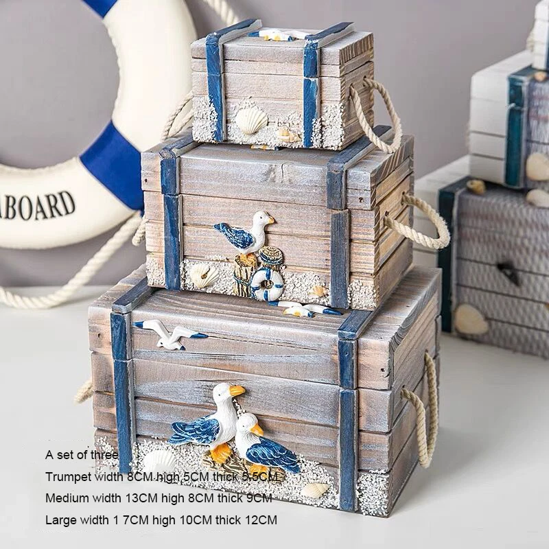 3 Sizes Marine Seabird Starfish HNA Treasure Box Baby Room Decor 3in1 Mediterranean Wooden Storage Box Home Decor Jewelry Box