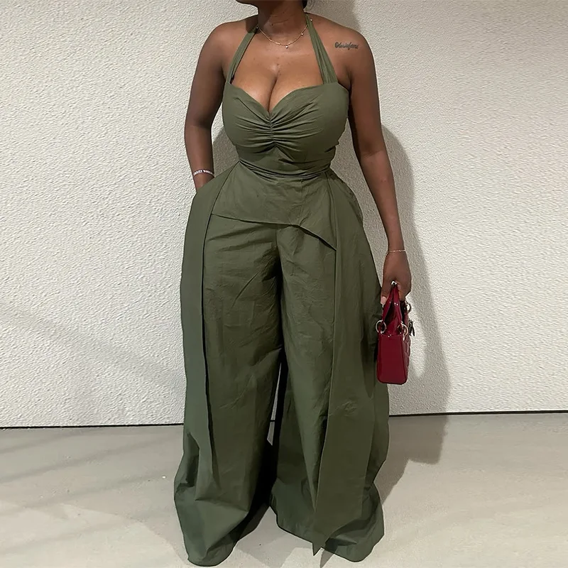 Women's Set Halter V-Neck Ruched Front Streamer Side Vest and Loose Wide Leg Pants Two 2 Piece Sets