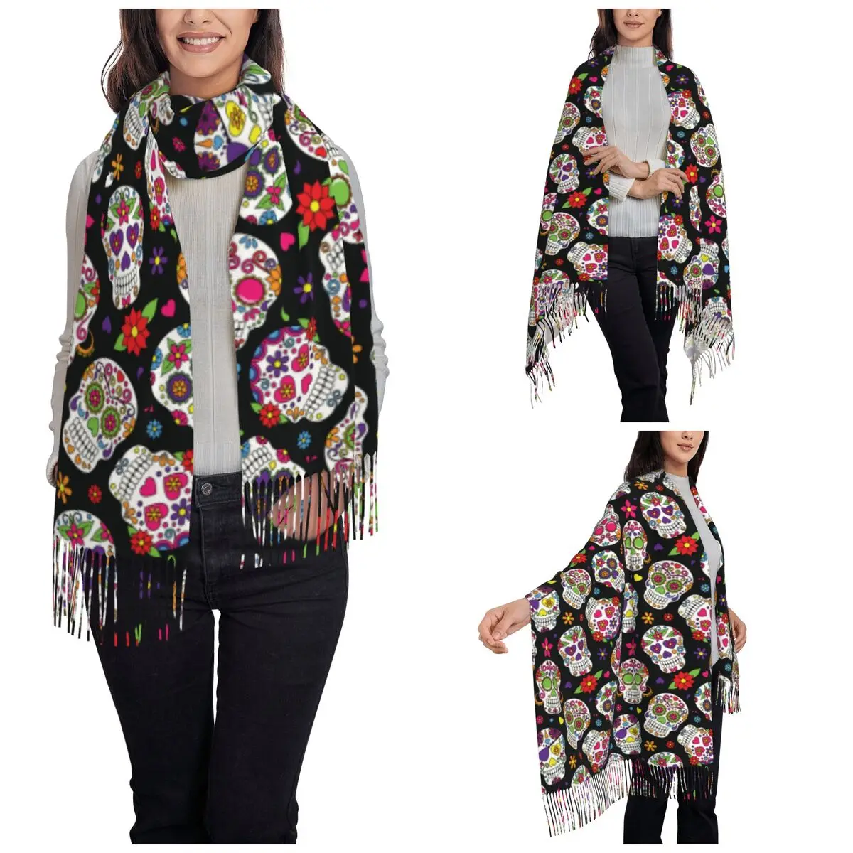 Women's Scarf with Tassel Mexican Day Of The Dead Sugar Skull Calavera Shawl and Wrap Mexico Dia De Los Muertos Pashmina Scarves