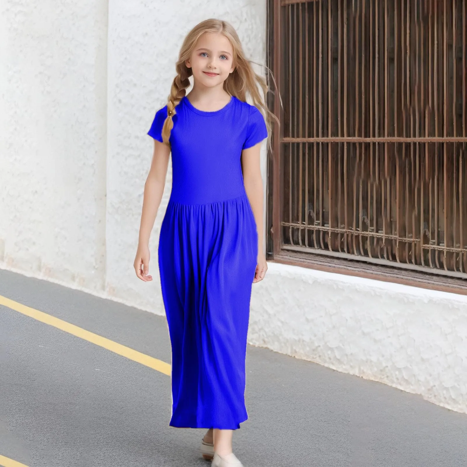 

Summer 6M-7Y Girls New Solid Color Short Sleeved Long Dress Beach Party Birthday Casual Fashion Show Versatile A-Line Dress