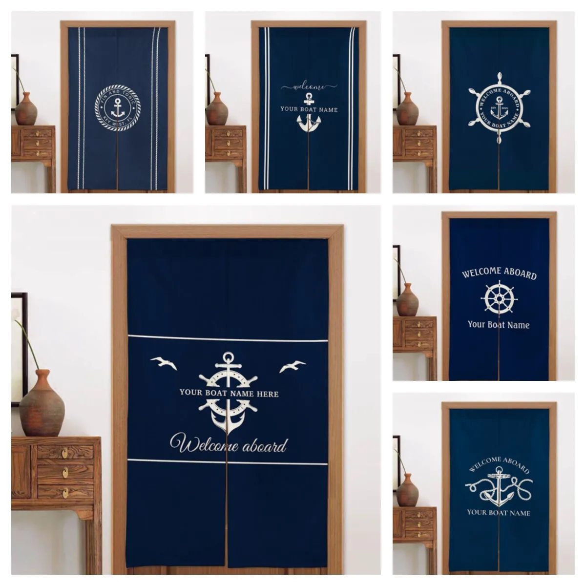 Japanese Linen Door Curtain Customizable Nautical Kitchen Window Curtain Privacy Screen Personalized Boat Name Divider Noren