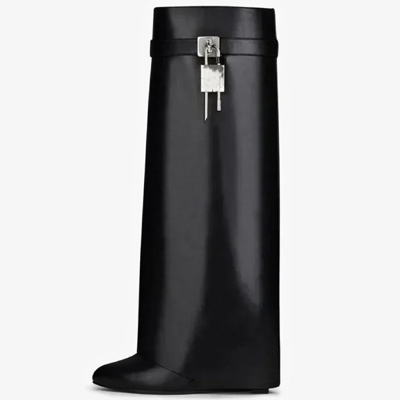 

2025 Spring Lock Boots Women Designer Knee Boots Brand High Heel Knight Boots Fold Fashion Gothic Wedge Long Boot Damenstiefel