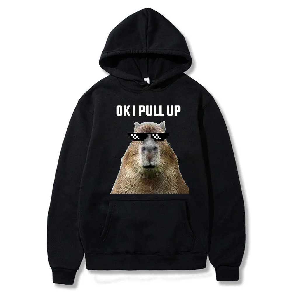 Funny Ok I Pull Up Capybara Print Hoodie Men\'s Fashion Casual Oversized Hooded Sweatshirts Gothic Pullovers Clothes for Teens