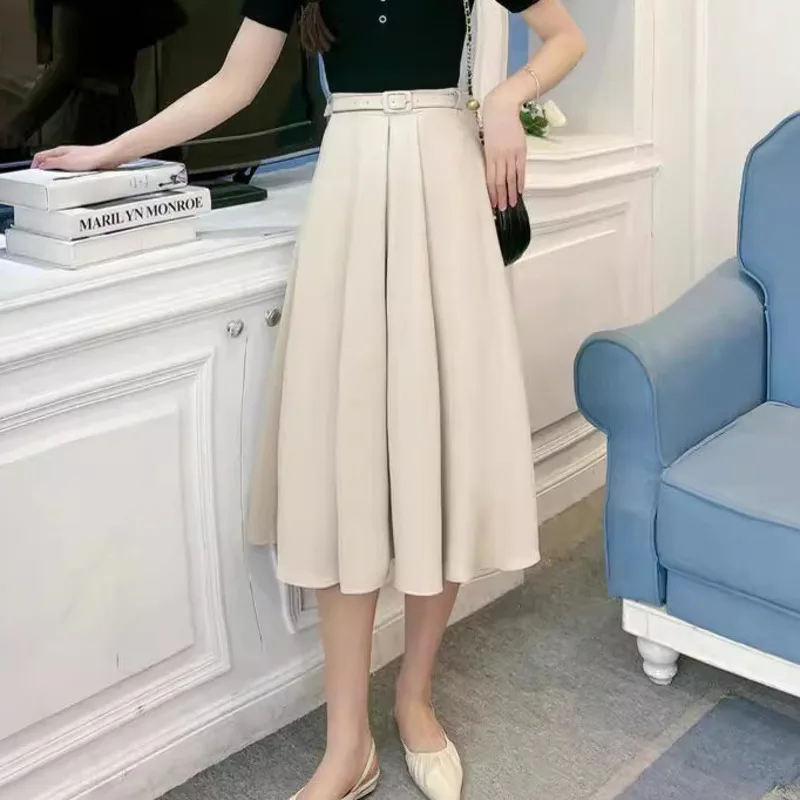 Nieuw In 2023 Lente Zomer Chic Hoge Taille A-lijn Kantoor Dame Rok Met Riem Japan Koreaanse Vrouwen Elegante Midi Lange Rokken