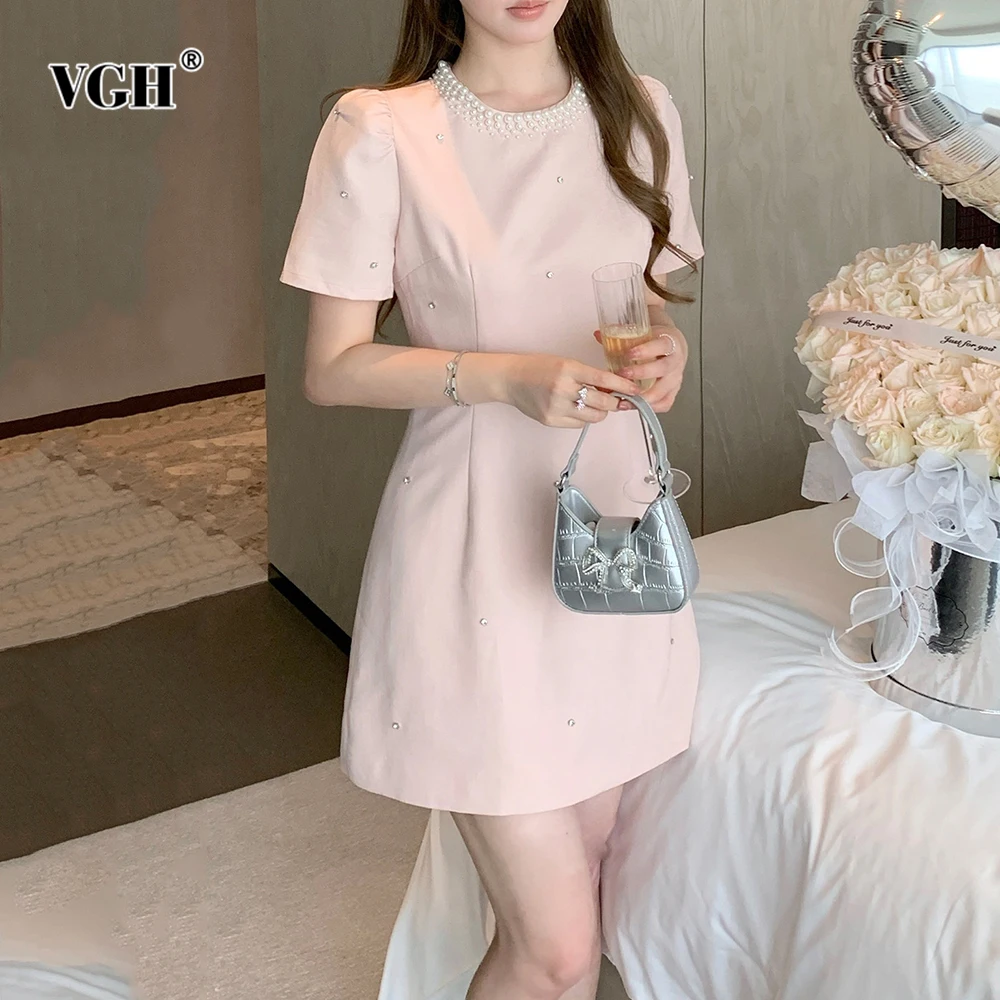

VGH Sweet Solid Spliced Pearl Princess Dresses For Women Round Neck Short Sleeve High Waist Temperament Dress Female Fashion New
