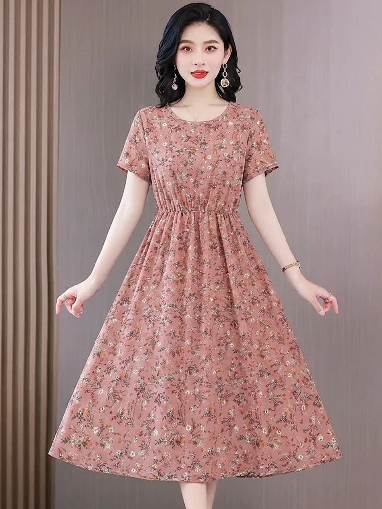 

Comfortable Floral Print Midi Dress for Maturing Women Short Sleeve Gathered Waist Slimming plus Size Casual Elegant Style