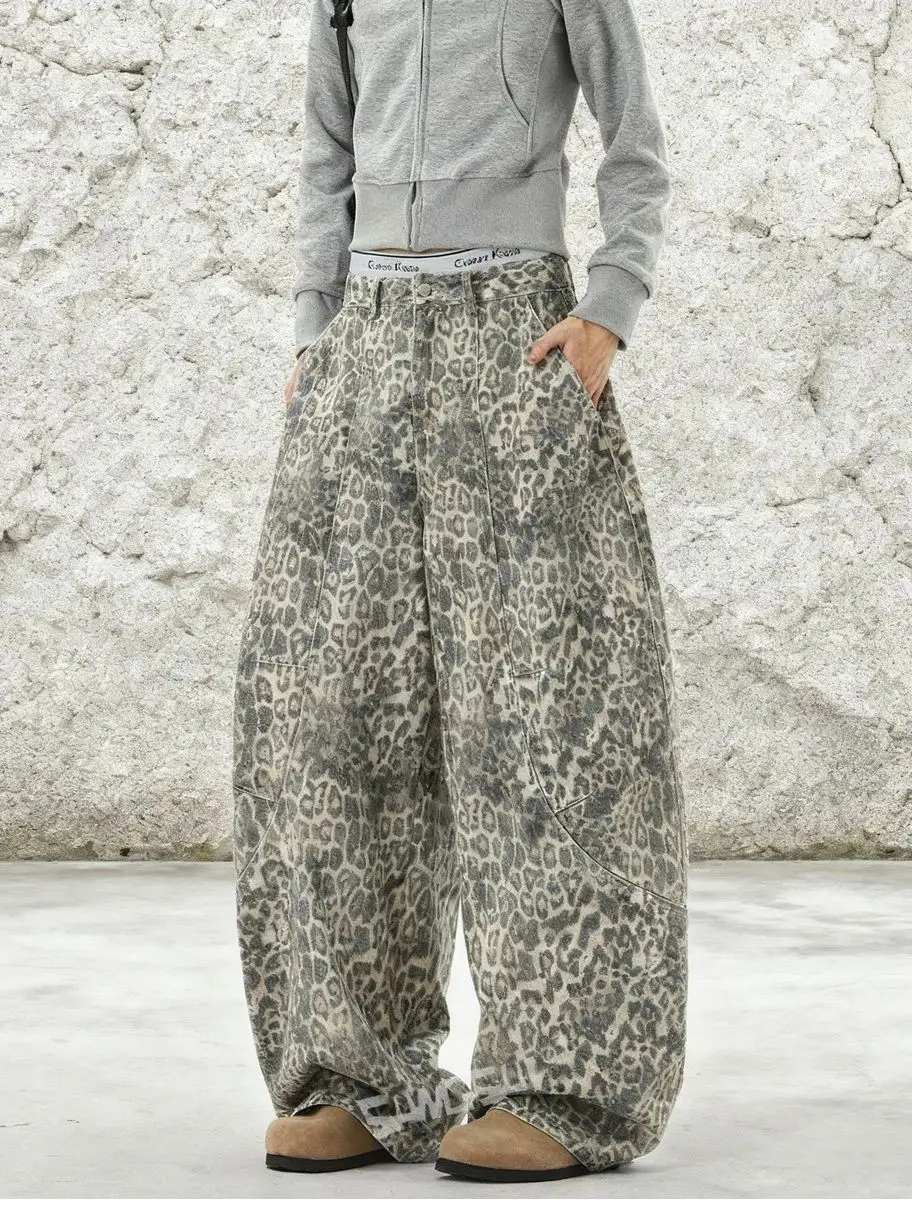 شيك الخريف الرجعية موضة ليوبارد فضفاض الجينز للرجال والنساء مستقيم عادية فضفاض سراويل جينز المتضخم السراويل السفينة حرة