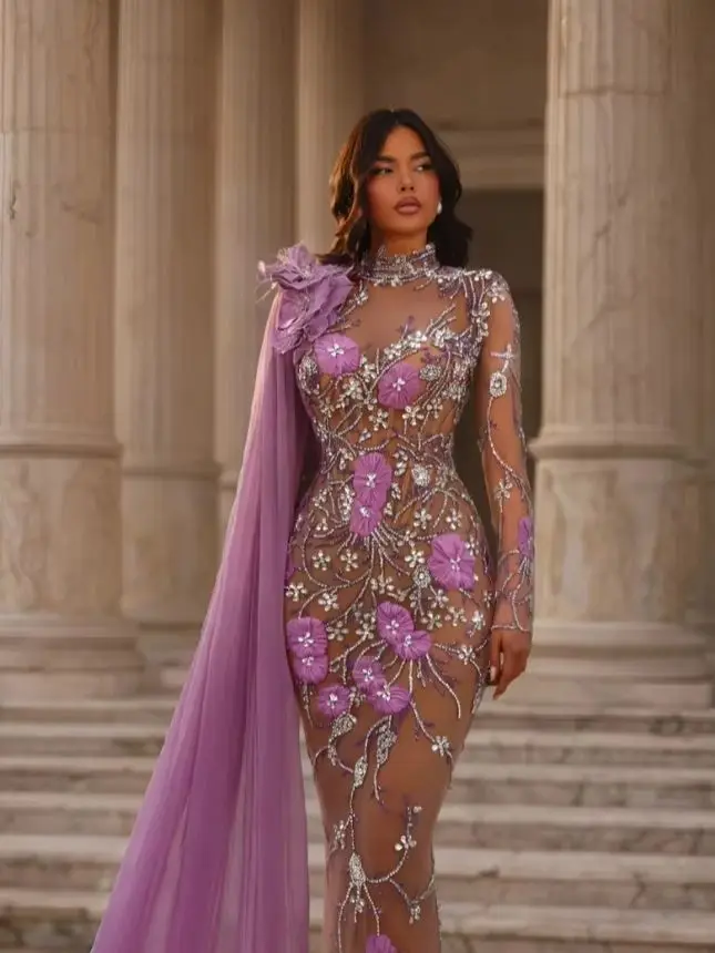 

Гламурное фиолетовое вечернее платье с прямым силуэтом, высоким воротником, длинными рукавами-кейп и 3D цветами для вечеринок и свадеб