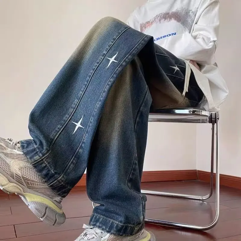 Elastic Waist Men Autumn Winter Star Jeans Male Daily Casual American Style High Street Loose Straight Wide Leg Denim Trousers