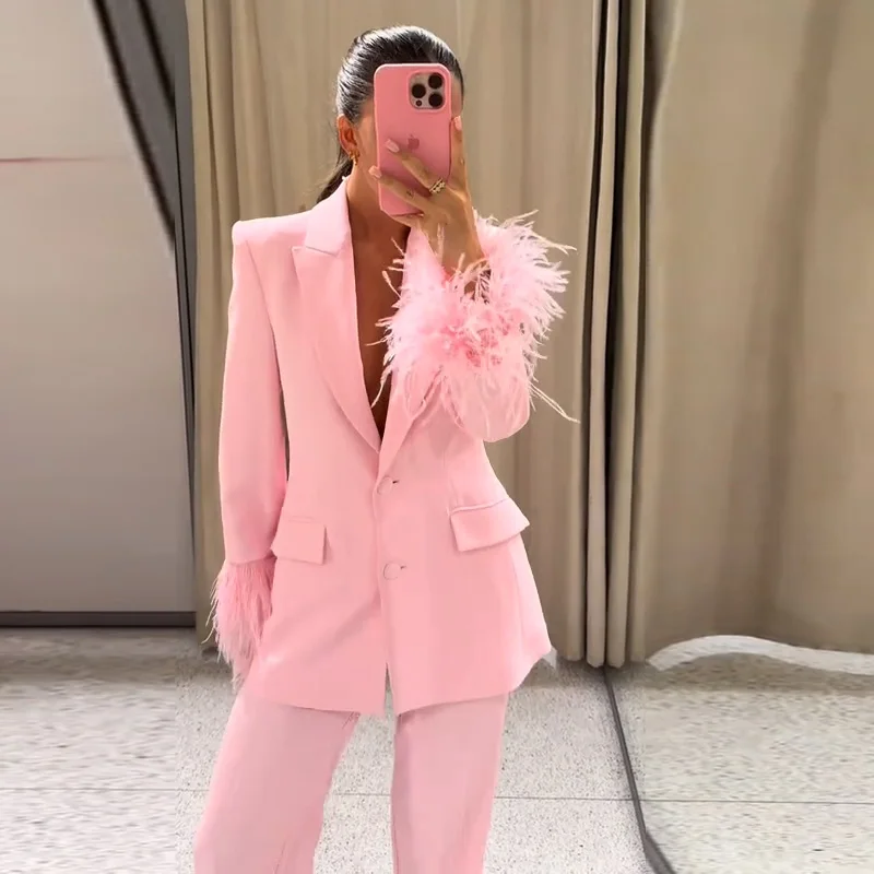 Feather Coat กางเกงชุดผู้หญิง Lapel Single Breasted Blazer สูท Jakcet ขาตรงกางเกง Urban Commute Lady ชุดอินเทรนด์