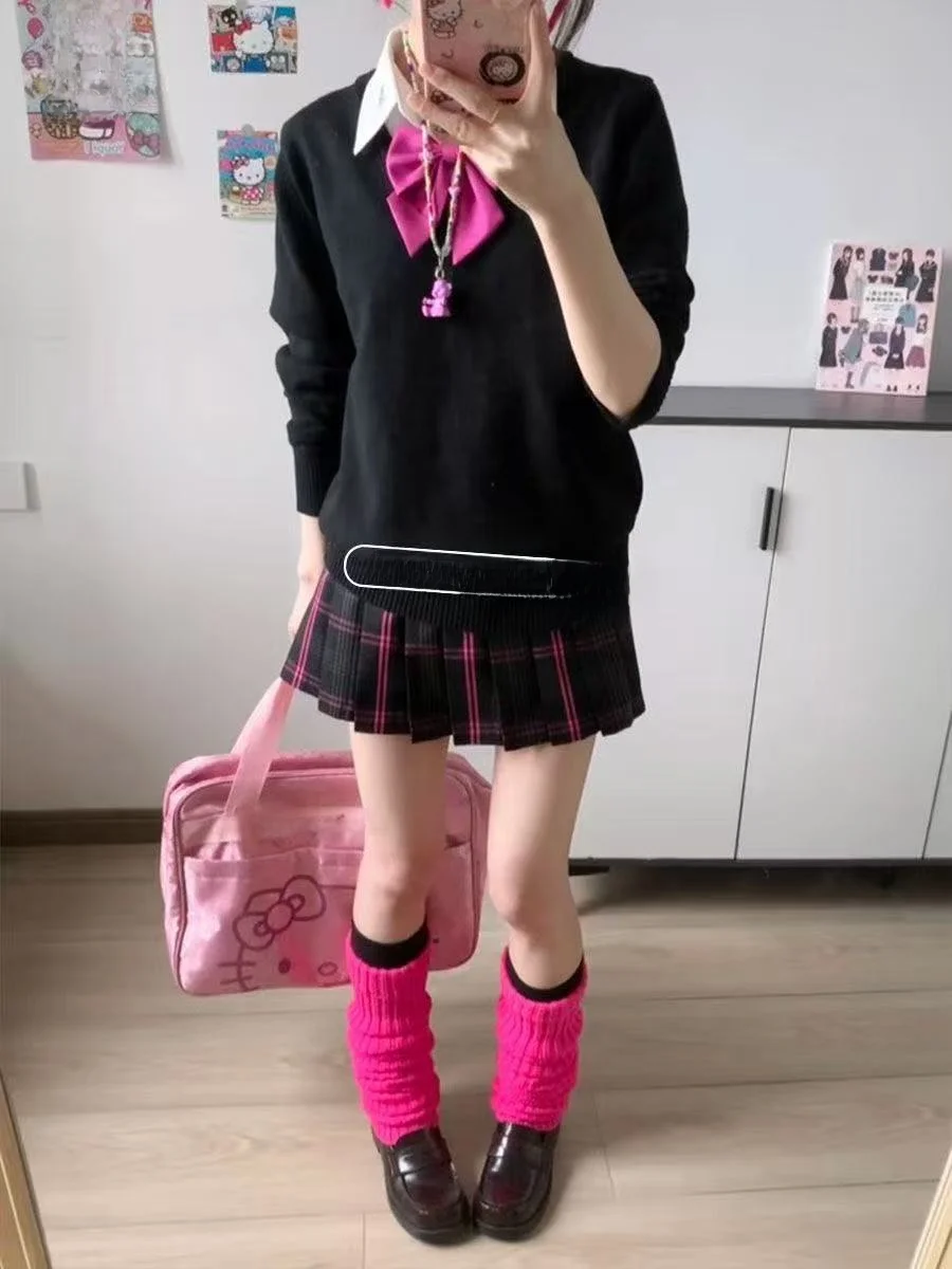 

Original Water Economy Black Sweater Set V-Neck Pullover Long Sleeve Knitted Autumn Winter College Style Fashion Set for Women