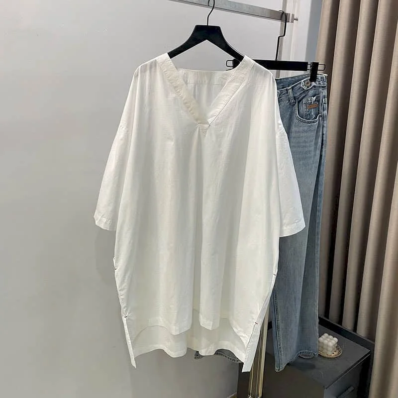 V-neck T-shirts for Women 2026 Summer Aesthetic Vintage Oversized Tops Casual Harajuku Half Sleeve Extremely Long Women Clothes