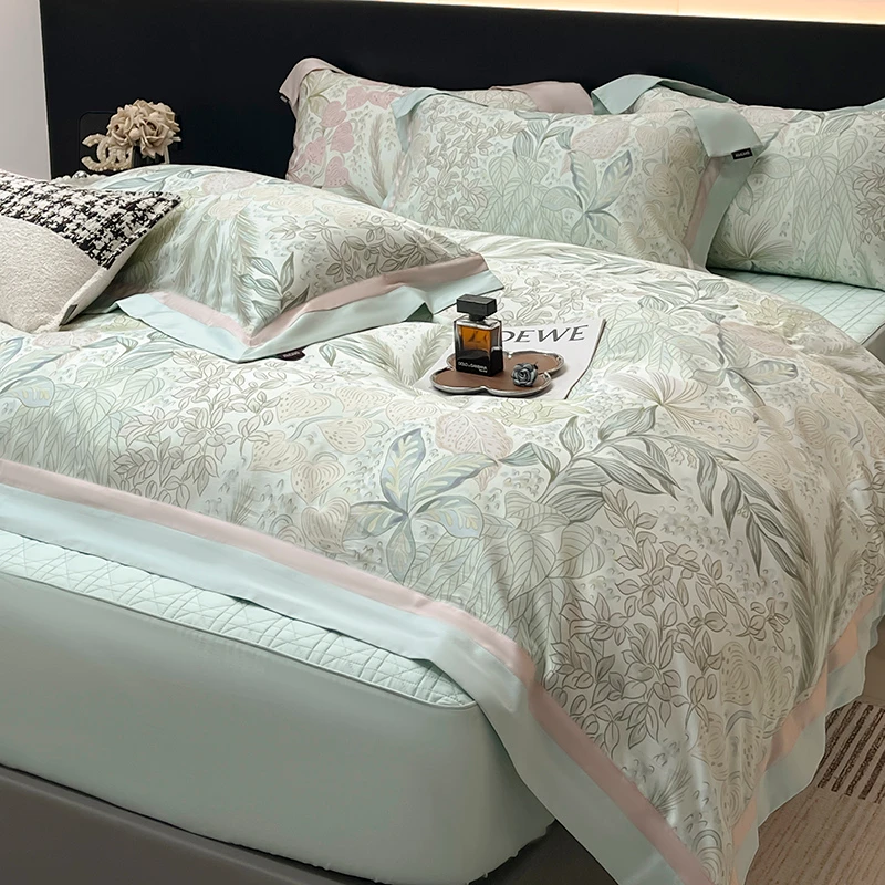 Premium Lyocell Cotton Vibrant Botanical Leaves Duvet Cover Soft Silky Cooling to Skin Bedding set Flat/Fitted Sheet Pillowcases