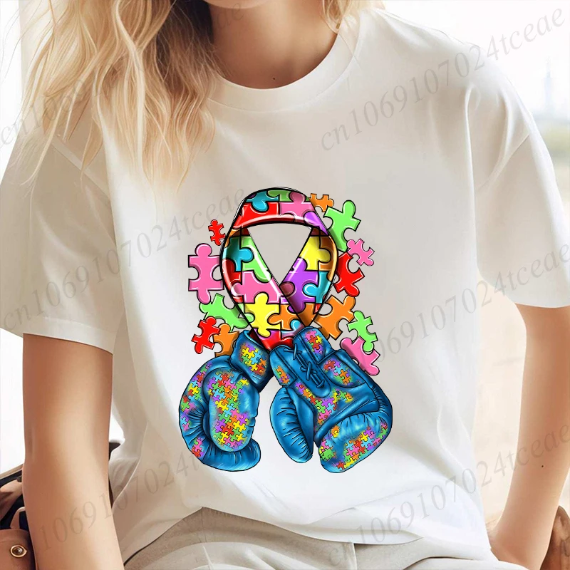 Autism Awareness with Boxing Gloves Shirts for Women Clothing Be Kind Puzzle Neurodiversity Tees Autistic Pride Female Clothing