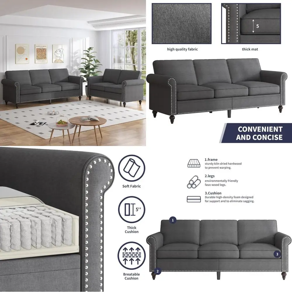 Современный секционный диван из 2 предметов с льняной обивкой и 5 толстыми подушками, отделкой гвоздями, мебель для гостиной, удобные сиденья