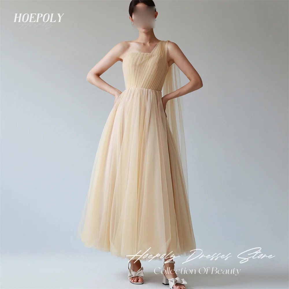 Hoepoly Pleat Elegant One Shoulder Sleeveless A Line Long Evening Dress Ankle Length Classy Formal Prom Gown For Woman 프롬드레스