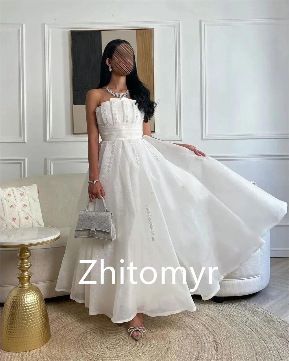 Robe Mi-Longue à Perles en Organza, Tenue Personnalisée, Décontractée, Drapée, Zones de Plis, Ligne A, Sans Bretelles, sur Mesure, pour Occasions