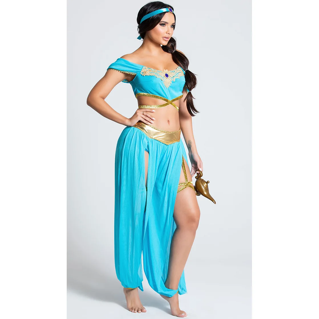 Damen Sexy Himmelblau Aladdin Wunderlampe Jasmin Prinzessinnenkleid Orientalische Tanzoutfits Neckholder Rückenfreies Crop Top + Quastenröcke