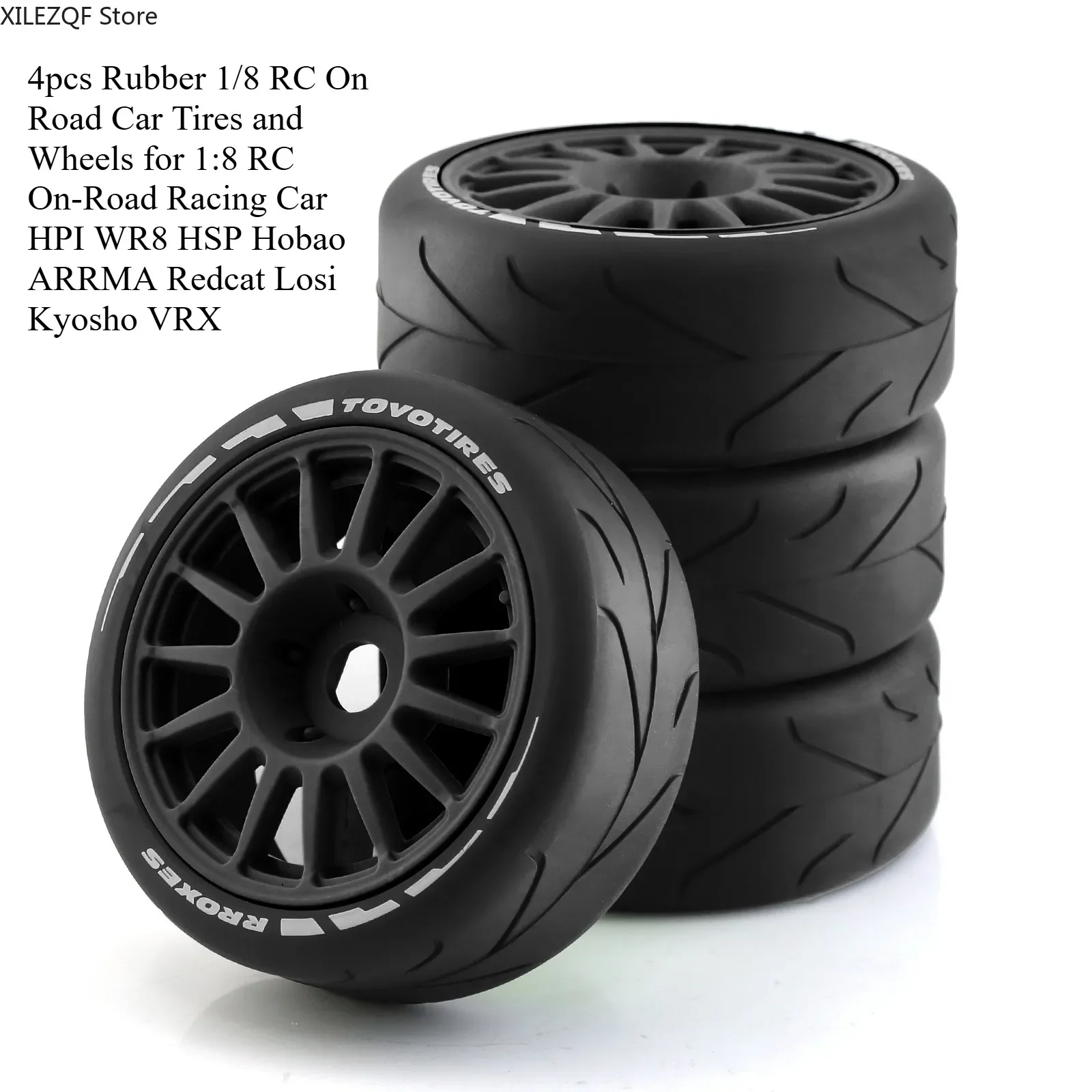 

4pcs Rubber 1/8 RC On Road Car Tires and Wheels for 1:8 RC On-Road Racing Car HPI WR8 HSP Hobao ARRMA Redcat Losi Kyosho VRX