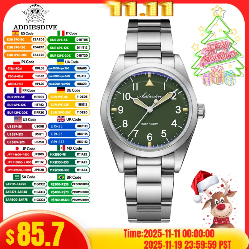 

ADDIESDIVE 36mm Men Watch AD2502 Luminous reloj hombre VH31 Movement Titanium Alloy 10Bar Waterproof Quartz Watch