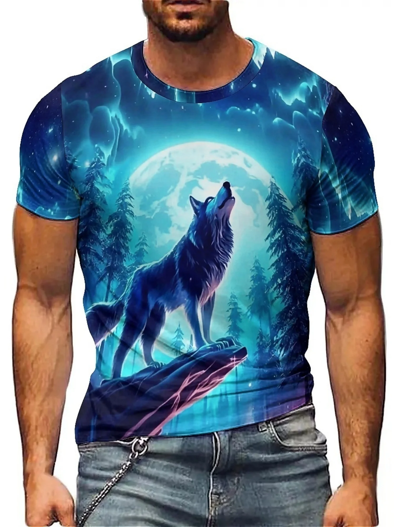 

Men'S Summer Quick-Dry Breathable Polyester Fiber Short-Sleeve T-Shirt Featuring a Vibrant 3D Graffiti Print of a Wild Wolf100