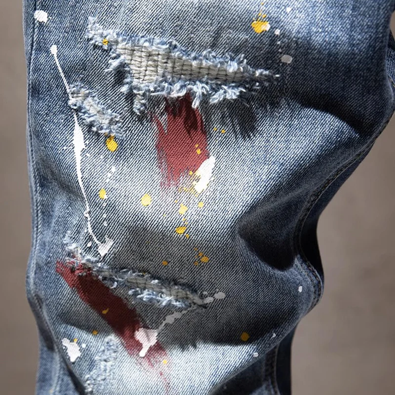 Street Designer Fashion Men Jeans Retro Blue Stretch Slim Fit Painted Ripped Jeans Men Hip Hop Vintage Y2K Denim Pants Hombre