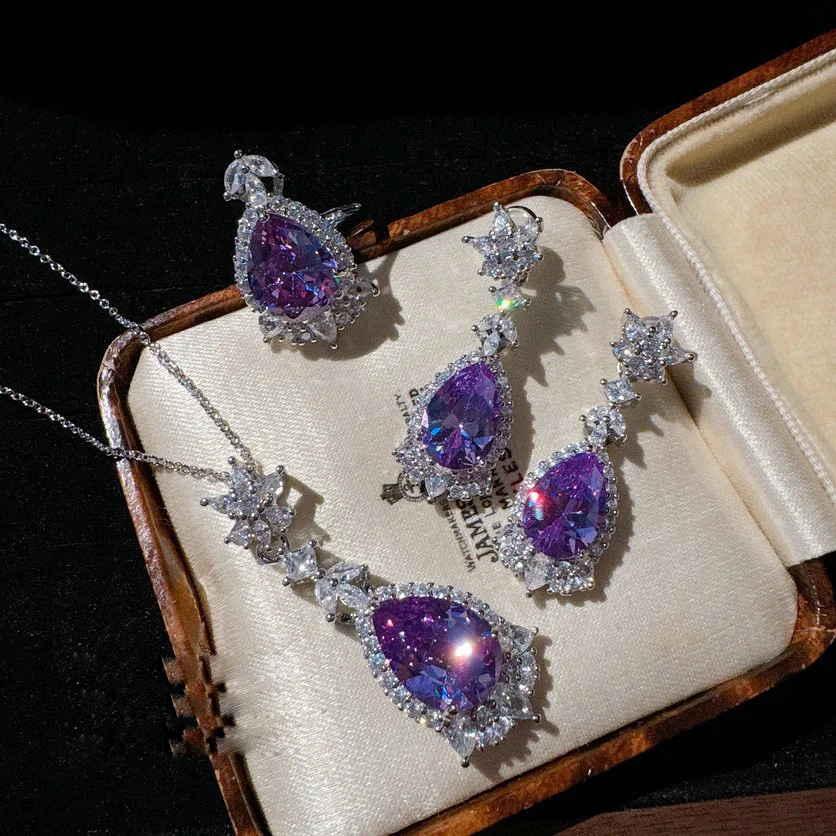 Uruguayan Peacock Purple Water Drop Gem Necklace Plated with 18K Gold Water Drop Earrings