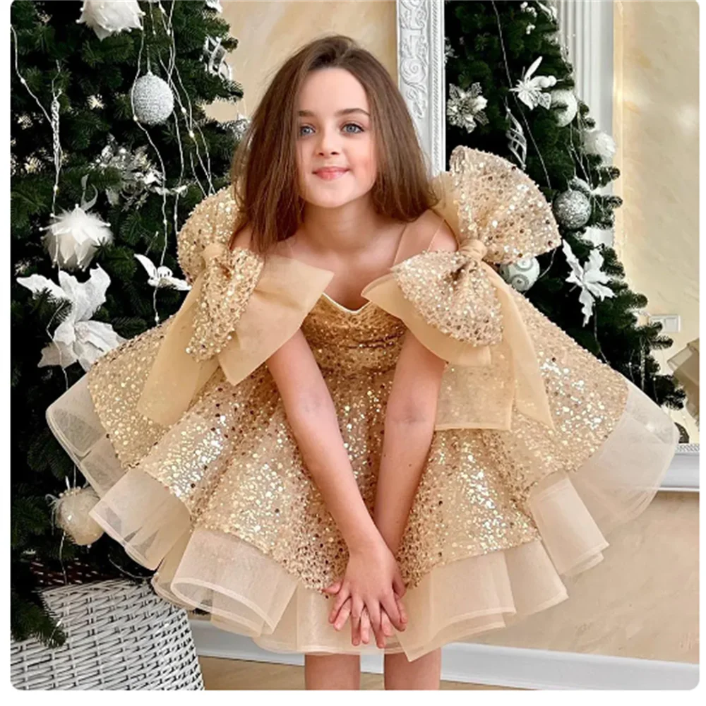 Sparkly White Flower Girl Dress Big Bow  Princess Kids Wedding Birthday Party Gown First Communion Pageant Banquet Performances