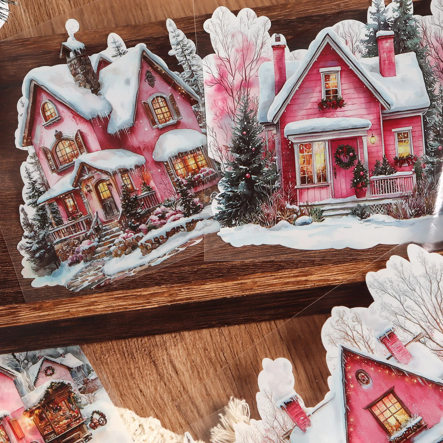 12 Blatt PET-Aquarell-Rosa-Weihnachtshütte, große selbstklebende Aufkleber, für Scrapbooking-Zubehör, Hintergrundaufkleber – Detail 4