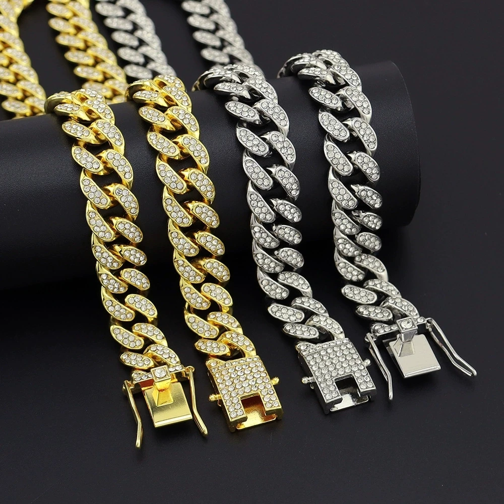 Full Crystal Stone Cuban Chain Hip Hop Bracelet For Men Silver Color Metal Link Chain Rhinestone Luck Closure Mens Bracelet