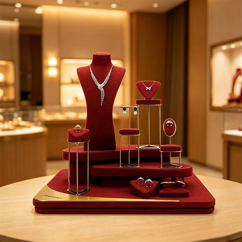 

Jewelry Display Stand Earrings and Earrings Showcase Jewelry Display Props Red Microfiber Jewelry Counter Display Rack