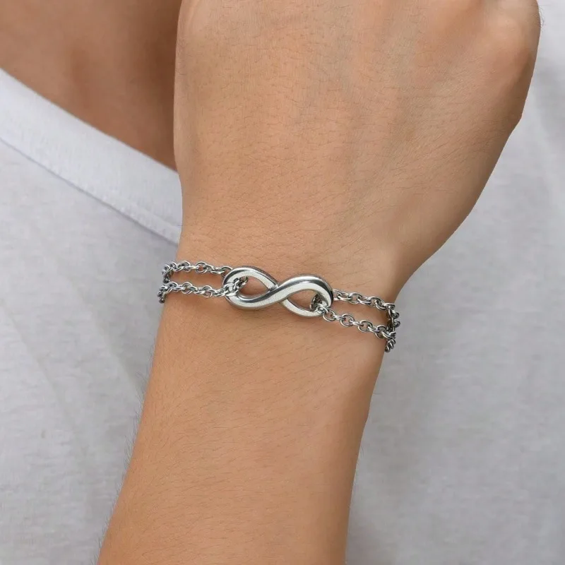 1-Piece Boys' Minimalist Double-Layer Stainless Steel Bracelet with Infinity Figure-8 Pendant Symbolizing Eternal Affection