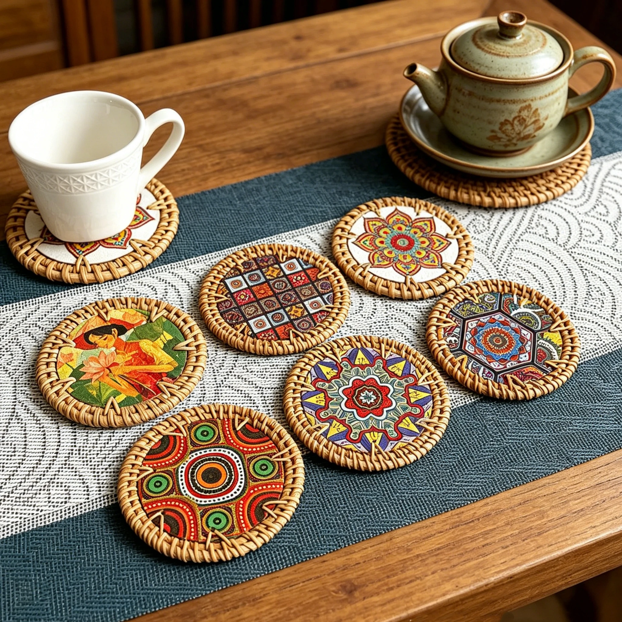 6PCS SET 10cm Rattan Coaster Round Painted Cup Mat Handmade Heat Resistant Mug Pastoral Bohemia Placemat Coffee Tea Hot Drink