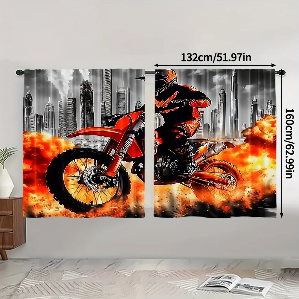 Motocross Rider Dirt Bike Blackout CurtainsExtreme Sports Motorcycle Print with Fire City Background Window Drapes for Boys Room