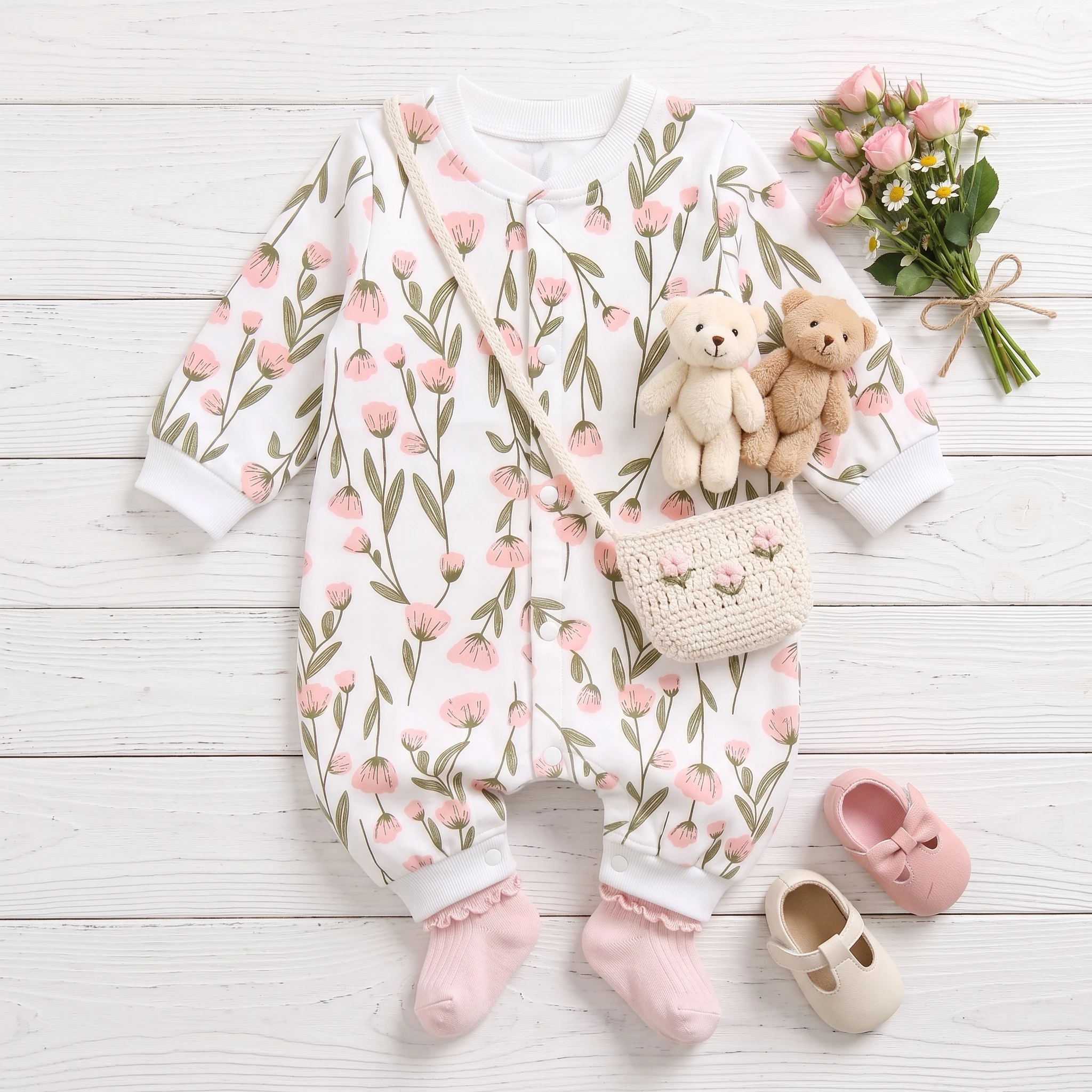 Spring Autumn Baby Girls Cute Floral Rompers Long Sleeve Infants Jumpsuits Clothing