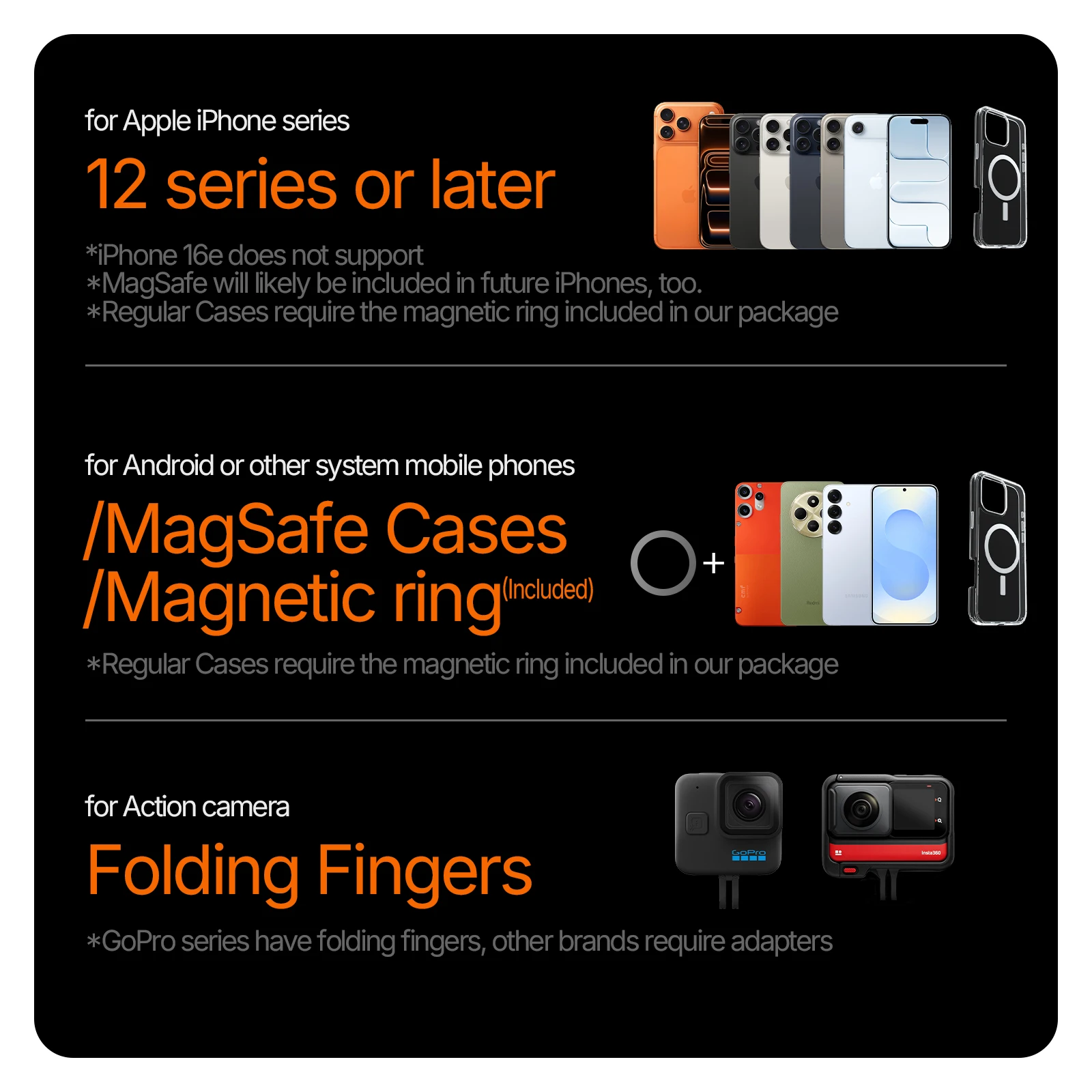 Магнитный держатель телефона на шею 4-в-1, совместимый с Android, iPhone, GoPro, DJI, подходит для приготовления пищи/велосипеды/на открытом воздухе