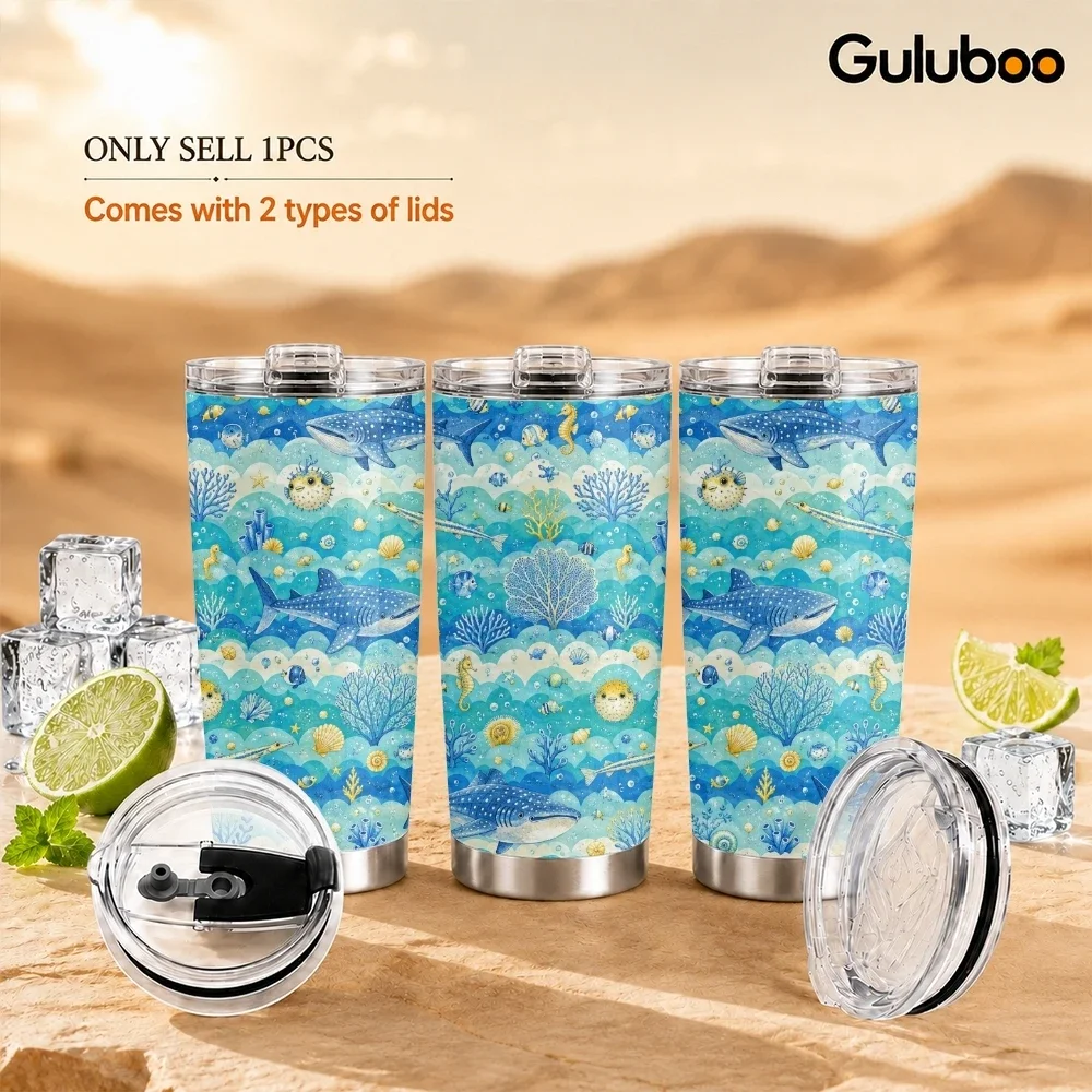Watercolor Marine Sea Creature Vacuum Flasks 20oz Stainless Steel Insulated Tumbler Double Wall Cup with 2 Lids Straw Travel Mug
