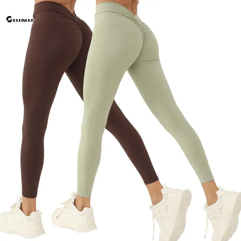 CHRLEISURE Back V Butt Yoga Pants Women Seamless Butt Fitness Leggings High Waist Ruched Tights Elastic Slim Activewear Gym Wear