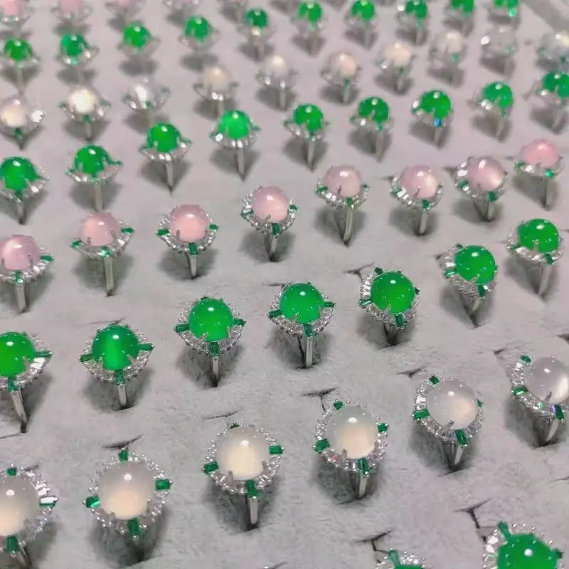 Chalcedony ring, silver-plated, silver inlay, women's jade ring, jadeite color, chalcedony ice type, live streaming delivery