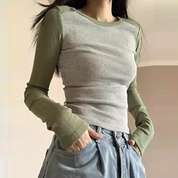 Women's Clothing Autumn Winter Trendy Contrast Color Ribbed Knitted Basic T-shirts Y2K Female O Neck Long Sleeve Sexy Short Tops
