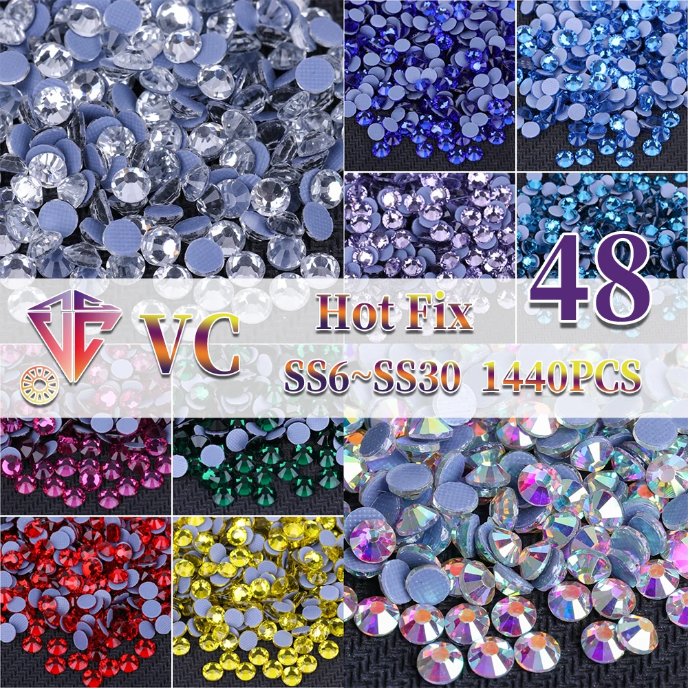 VC Multi-color SS6-SS30 Glass Crystal Hot Fix Rhinestones Flatback Iron On Stones For DIY Nail Art Fabric Clothes Decoration